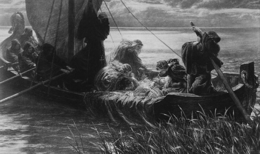 A funeral procession in a boat, where several women have gathered over King Arthur's corpse as rowers prepare to push off from the shore on the King's final trip to Avalon.
