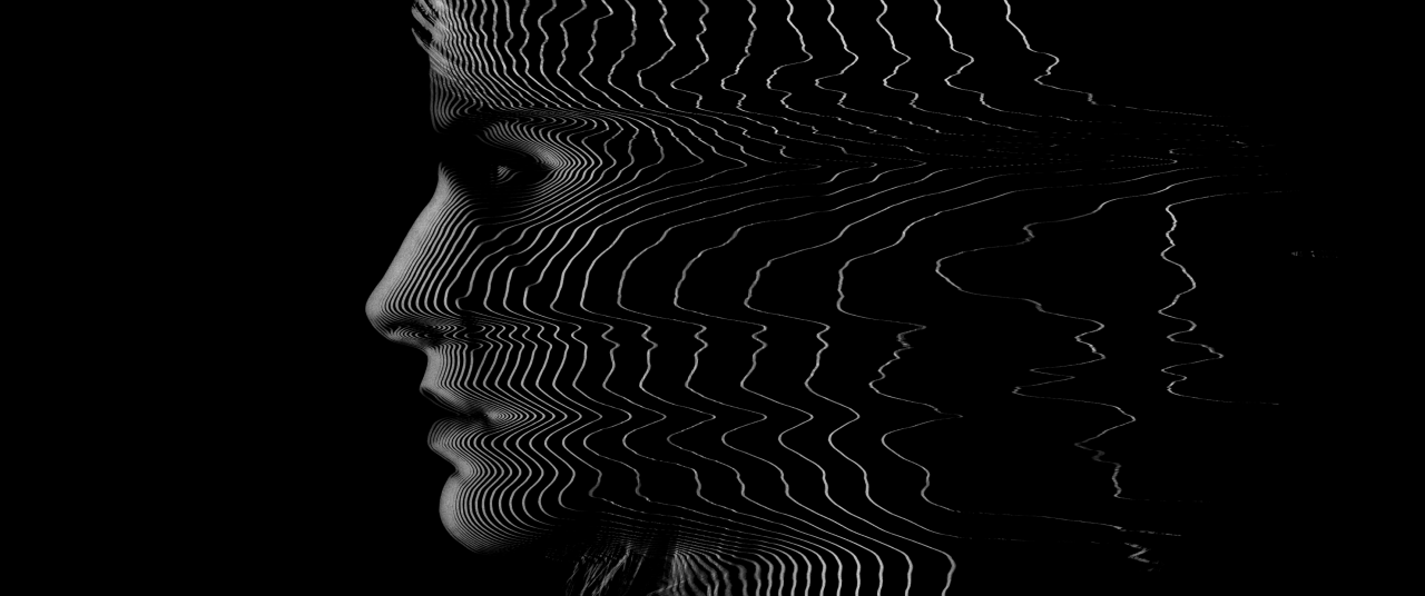 A black and white profile image of Ciri from The Witcher 3, where the contours of her face have been distorted with a wavelength effect..