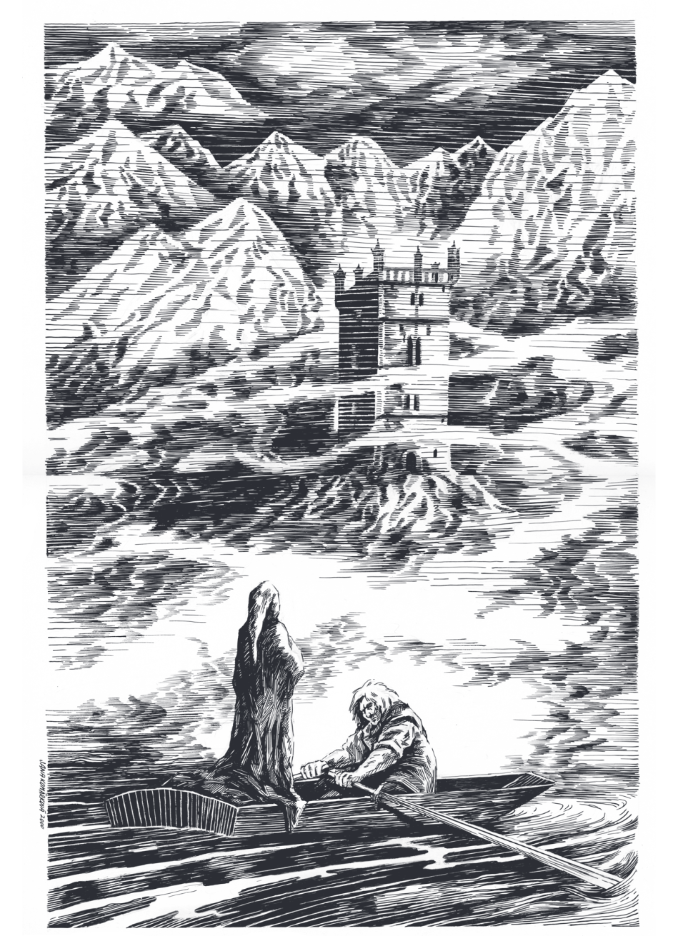 A black and white illustration of a rowboat with two figures in it, moving through the mists toward an island on which a tower stands to the backdrop of mountains.